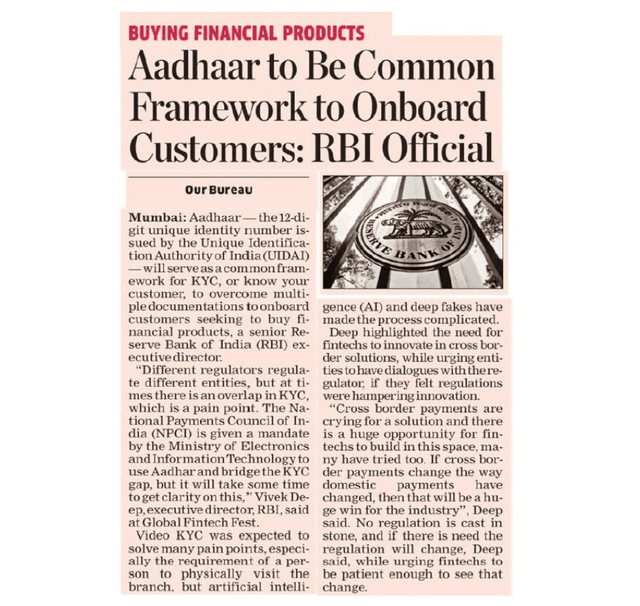Aadhaar to Be Common Framework to Onboard Customers: RBI Official