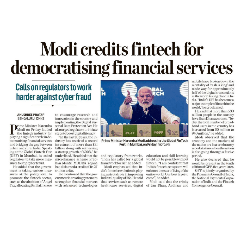 Modi credits fintech for democratasing financial services